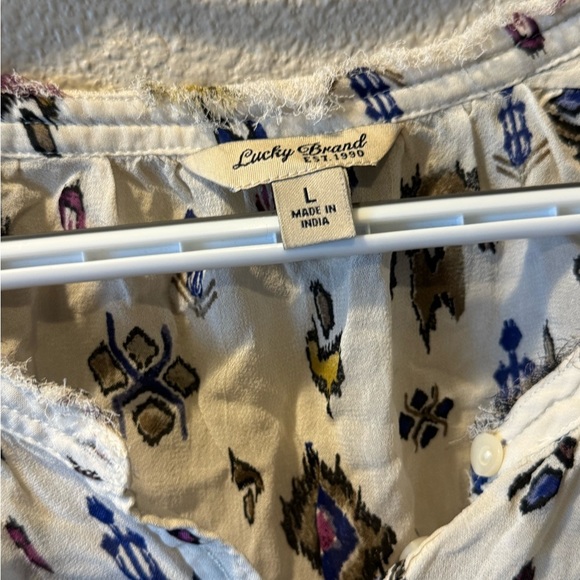 Lucky Brand Aztec Boho Print Sheer Henley Blouse Size L Natural Long Sleeve - Picture 6 of 7